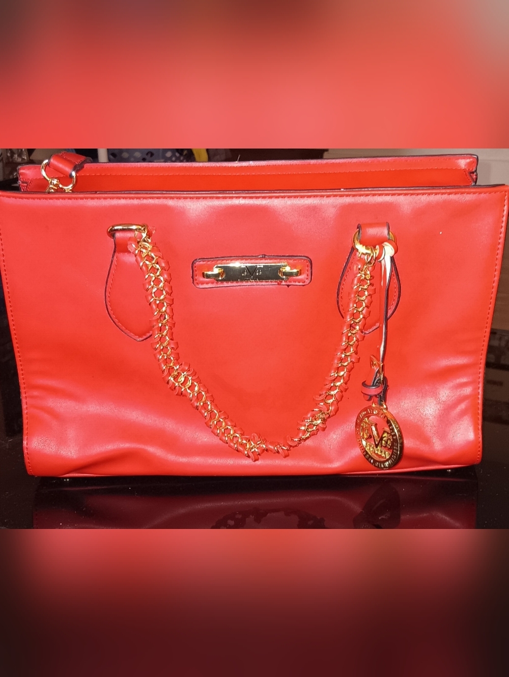 Versace Collection Red Shoulder Bag with Gold Chain Detail
